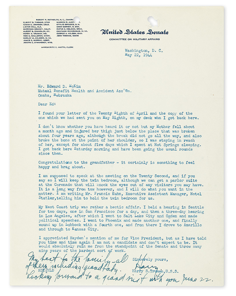 TRUMAN, HARRY S. Typed Letter Signed, Harry, with a 3-line holograph postscript, to future presidential Administrative Assistant, Edw